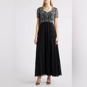 Pisarro Nights Black Silver Beaded Bodice Gown Formal Dress